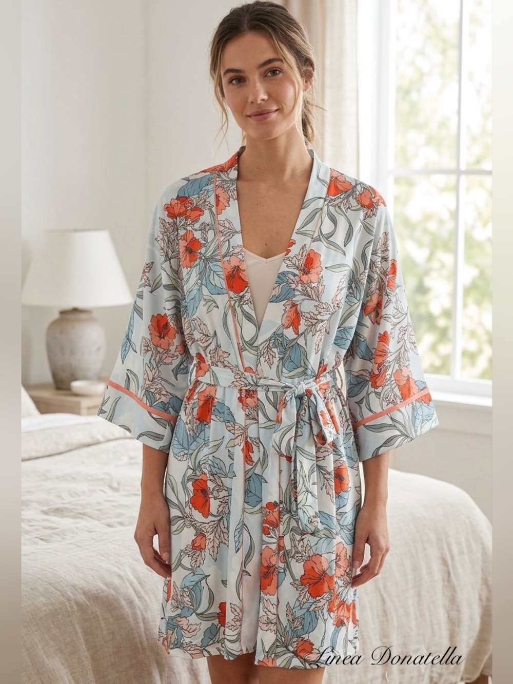 NEW Linea Donatella Tropical Floral Wrap Robe Lightweight Summer Loungewear Soft